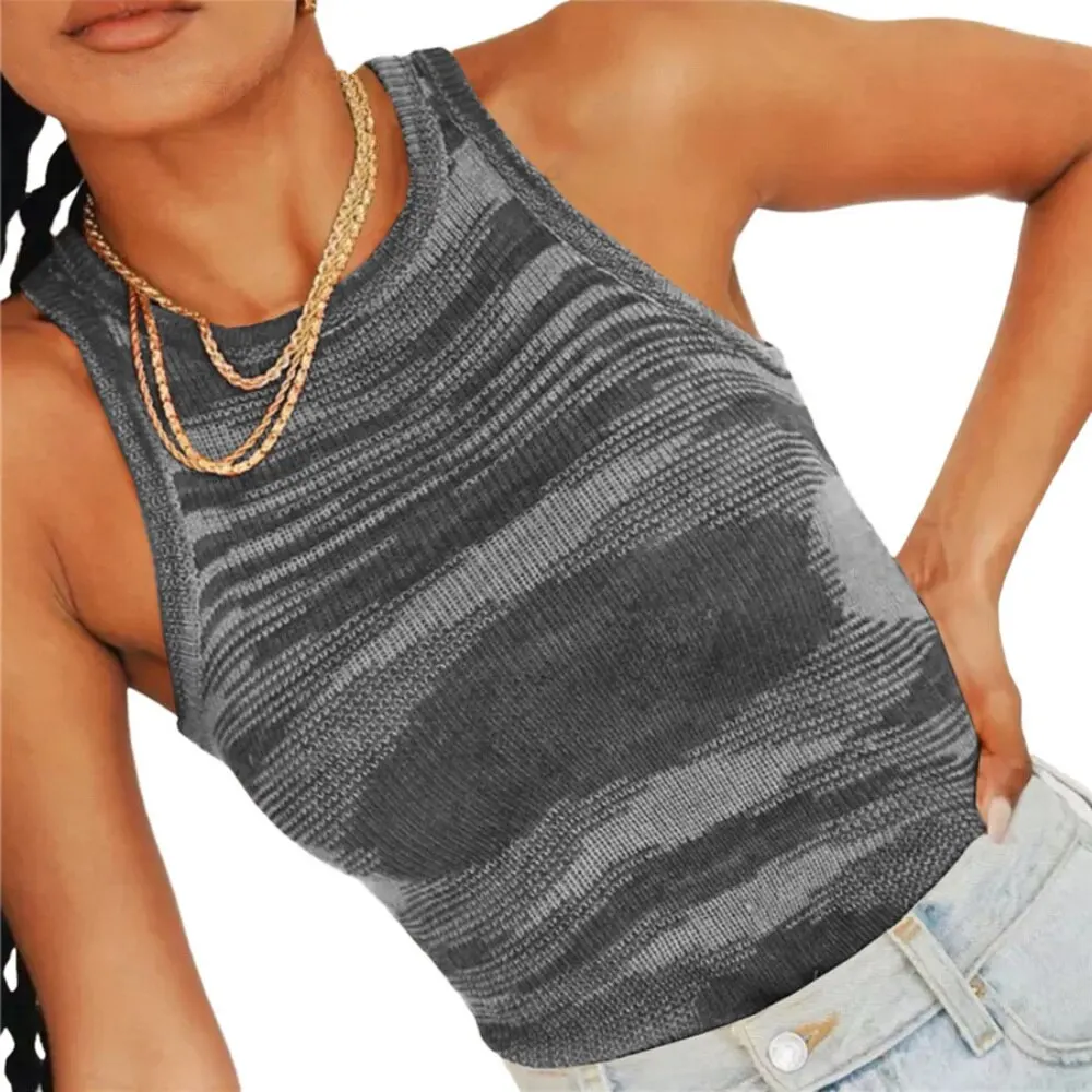 

2021 Knit Crop Top Women Sleeveless Y2K Basic T Shirts Casual Summer Off Shoulder Blue O-Neck Tank Top Vintage Fashion