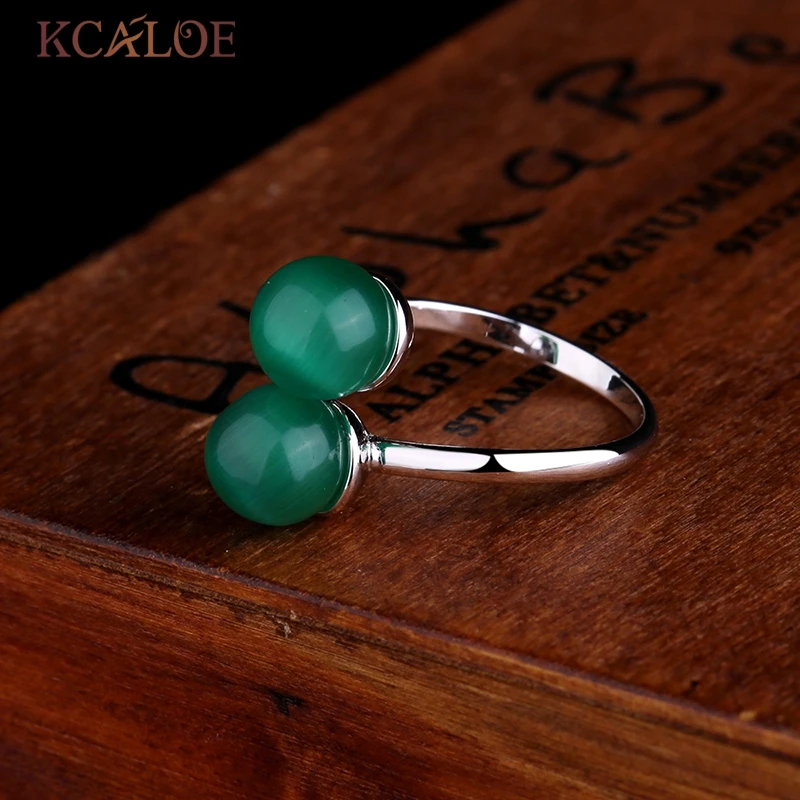 Кольцо с Двойными Шариками Натуральный Зелёный Опал Камень Посеребрённый Металл