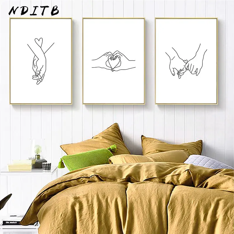 

Hand in Hand Couple Poster and Print Romantic Line Drawing Artwork Minimal Canvas Painting Wall Art Picture Bedroom Decoration
