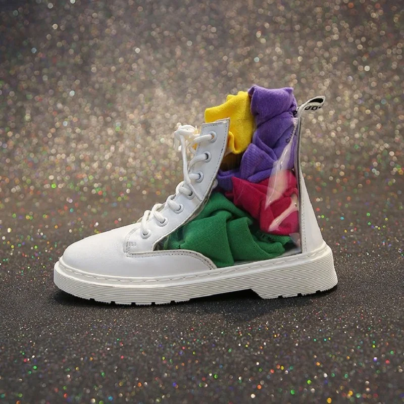 

Martin boots female spring and autumn 2019 low to help transparent PU round head cross straps stitching single boots low heel