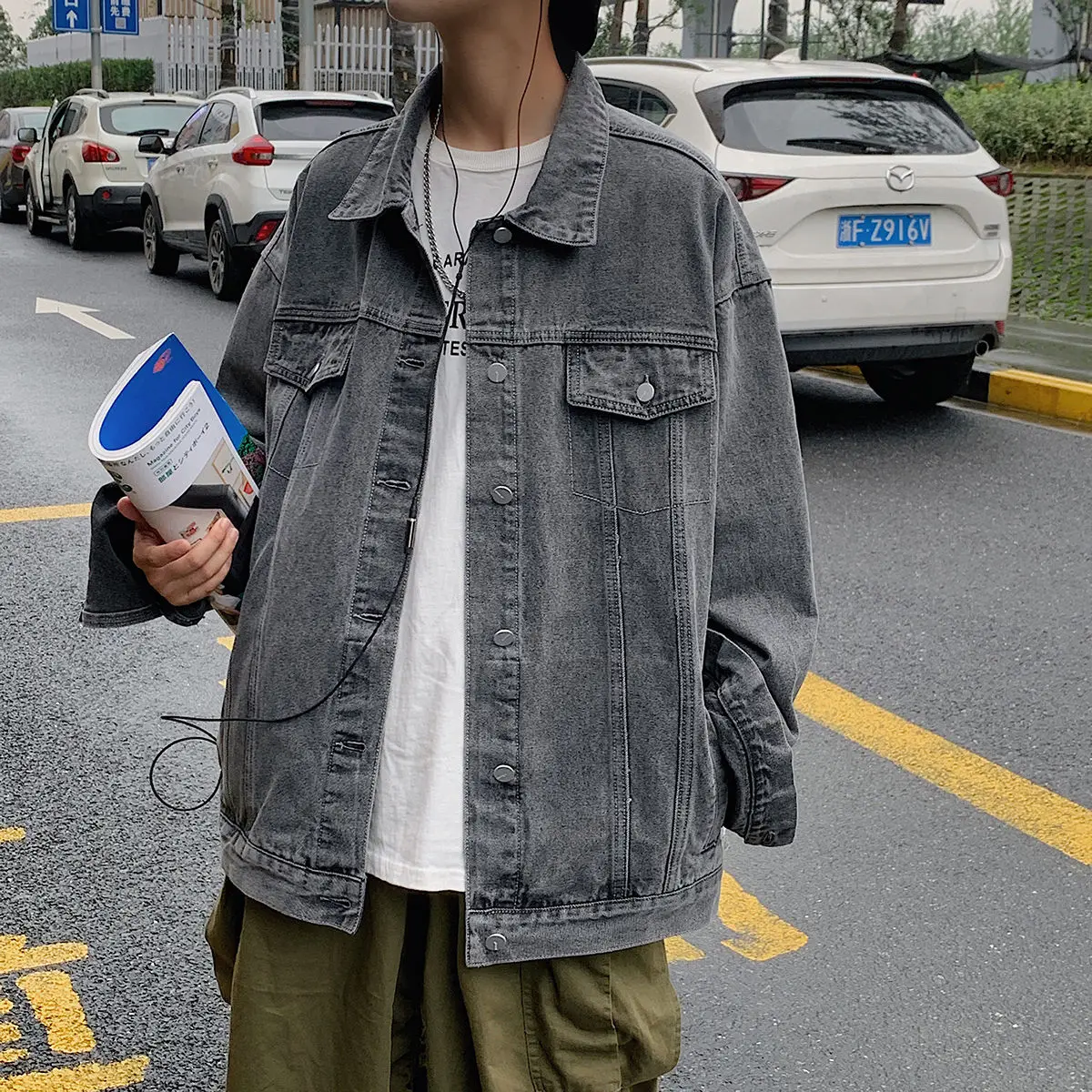 

Men's denim jacket's 2021 spring autumn new couple lapel loose casual jacket Solid color campus youth men Large size M-5XL