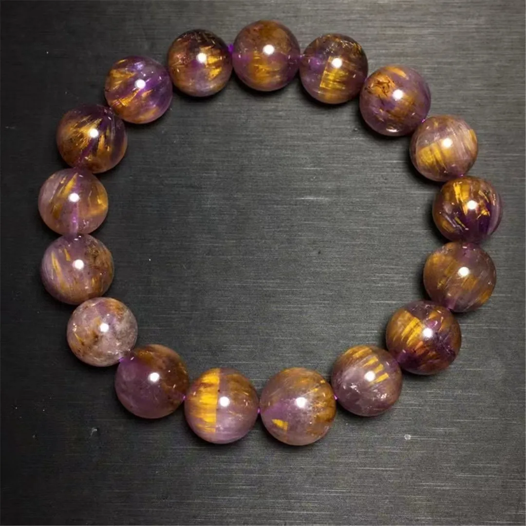 

12mm Natural Purple Gold Rutilated Quartz Bracelet Jewelry For Woman Man Love Gift Healing Crystal Beads Gemstone Strands AAAAA