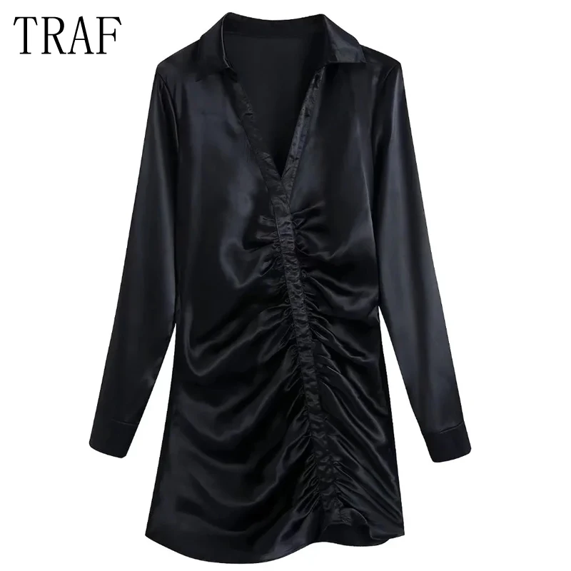 

TRAF Za Black Satin Dress Woman Ruched Long Sleeve Mini Dress Autumn Collared Draped Short Dresses Fashion Elegant Female Dress