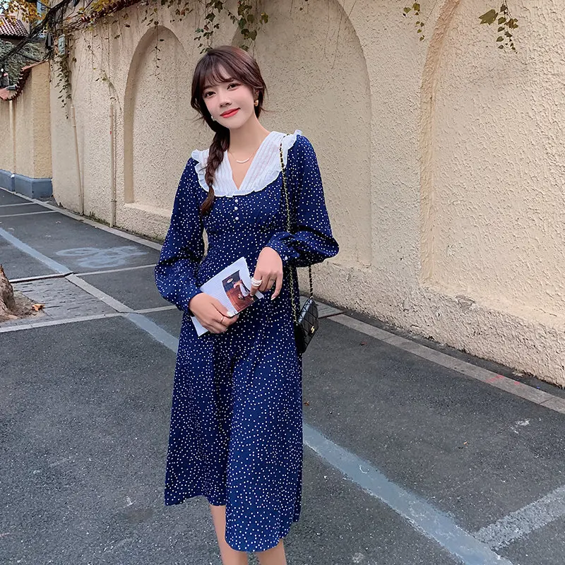 

Women's Long Sleeve Dot Print Blue Chiffon Dress Spring Mesh Turn Down Single Breasted Casual Party Dresses Female Vestido