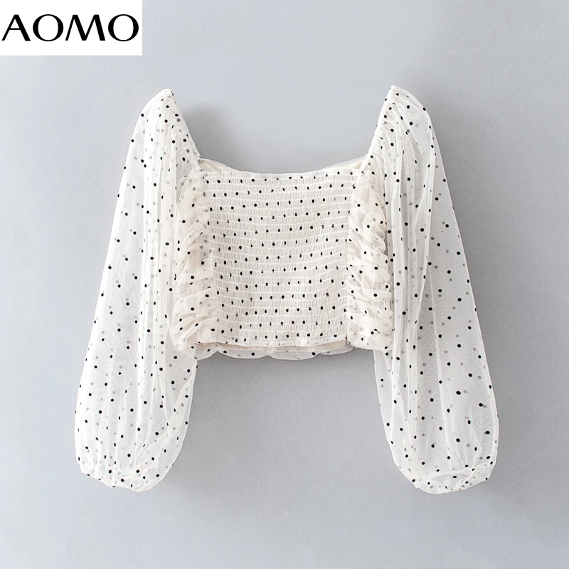 

AOMO women black dots mesh blouse short style fashion long sleeve shirts female chic tops 3R15A