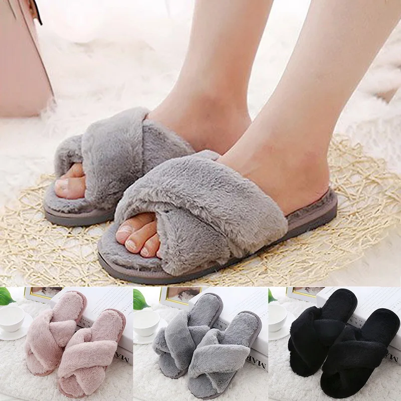 Женские плюшевые тапочки Зимние домашние Женская обувь с открытым носком Мягкие