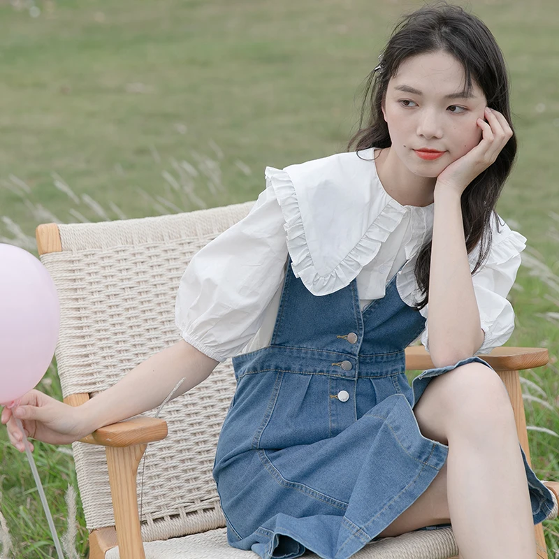 

2021 summer new style Korean loose and comfortable button denim strap skirt high waist a-line elegant dress women