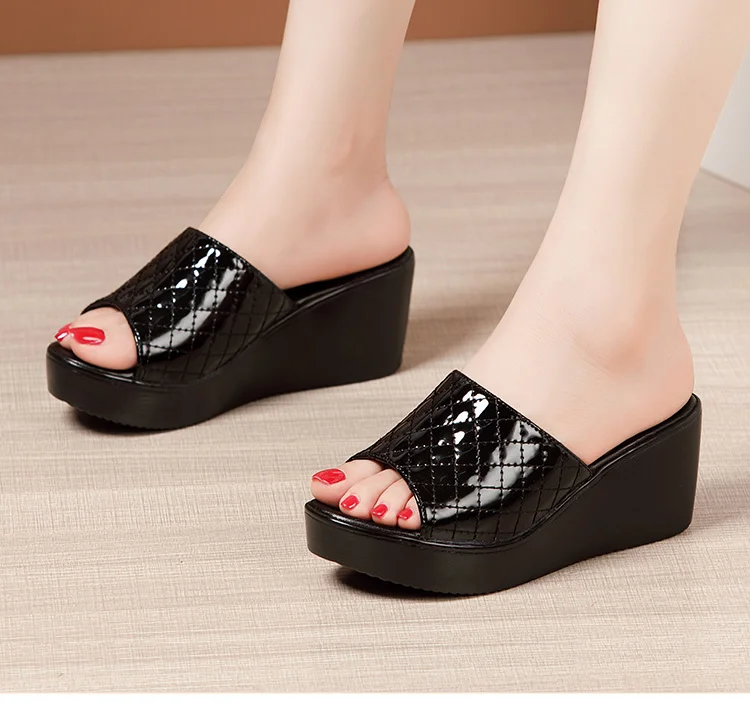 

Women's Slip on Wedge Platform Peep Toe Breathable Leather Summer Slipper Shoes