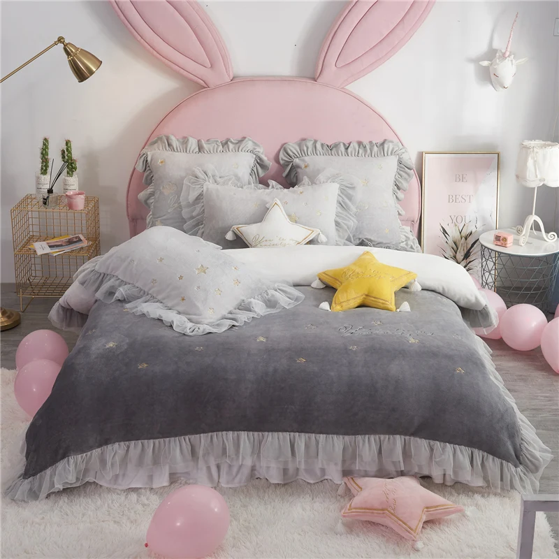 

Luxury Plush Cute Star Embroidery Bed set Ruffles Girls Pink Yellow Duvet Cover Bed sheet Pillowcases Velvet Fleece Warm Soft