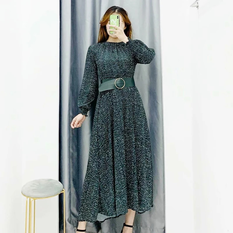 Платье женское средней длины с поясом модное элегантное свободное зеленое