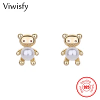 viwisfy gold color small cute bear real 925 sterling silver stud earrings woman pearl jewelry gift for girl vw21432