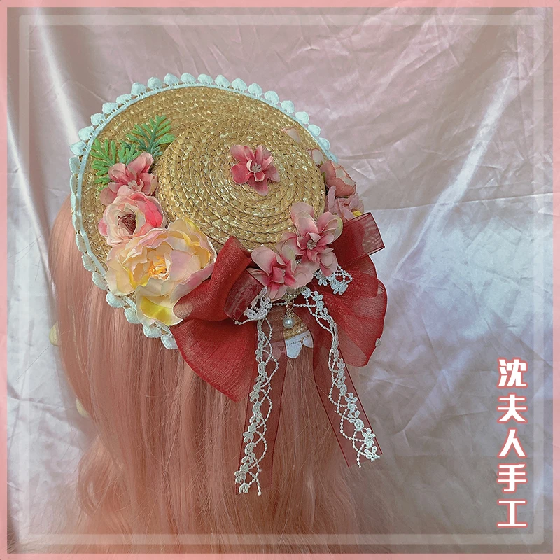 

French Pastoral Style Mori Girl Handmade lovely Bowknot Flower Princess knit Straw Hat Lolita Girl All-match Gorgeous Flat Top
