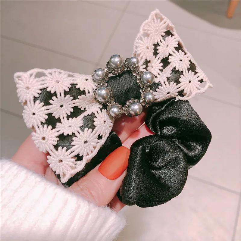 

2021 New Korean Temperament Girl Hair Rope Lace Bow Rhinestone Buttons Fabric Hair Ring for Women Fashion Hair Accessories