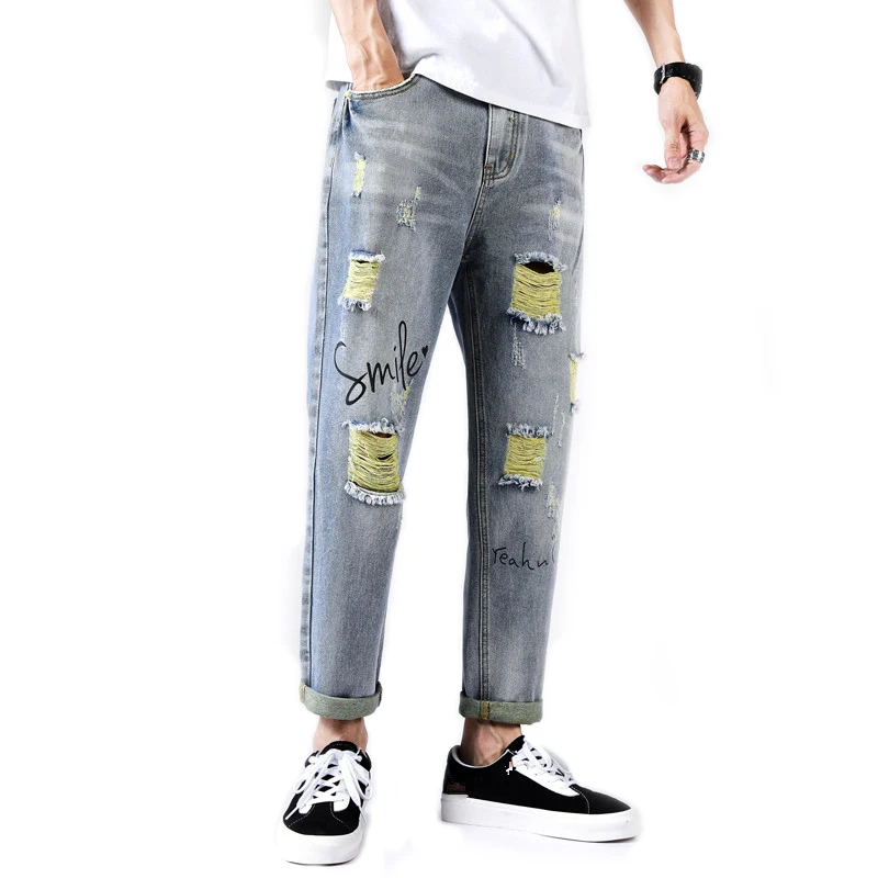 

Men Destressed Jeans Ripped Hole Paint Letter Male Straight Casual Denim Pants Spring Summer Leisure Streetwear Amazing Clothing