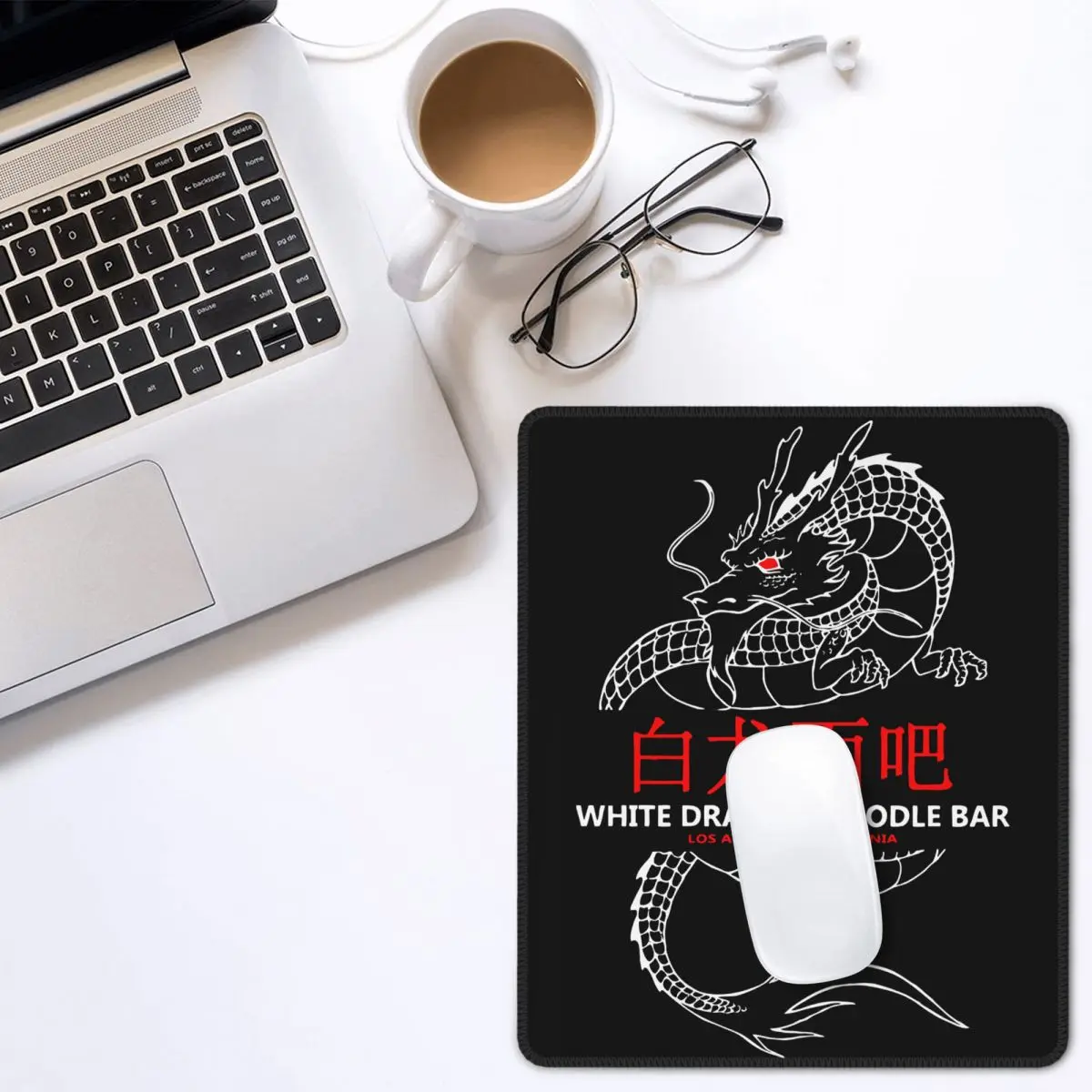 Белый коврик для мыши с изображением дракона и лапши забавный закругленными