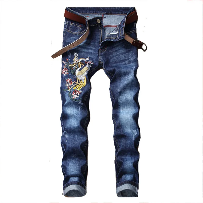 2019 осень зима мужские облегающие джинсы Лоскутные рваные стрейч с вышивкой