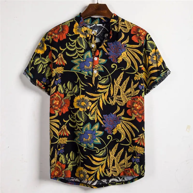 Мужская гавайская рубашка camisa, летняя Этническая Повседневная хлопковая льняная рубашка с коротким рукавом, мужская рубашка chemise homme, уличная одежда W