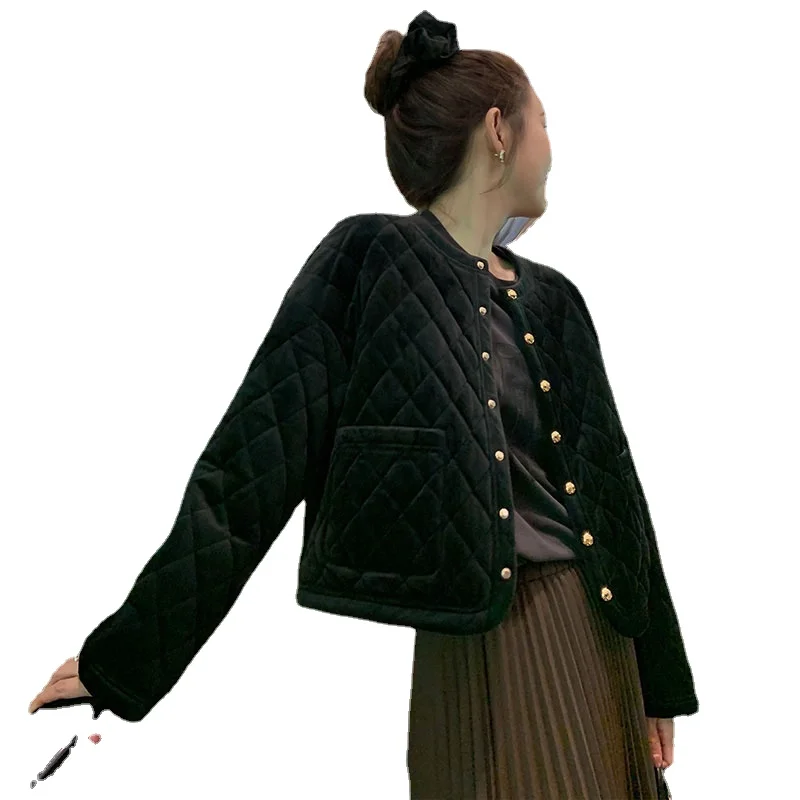 

Single-Breasted Trendy Preppy Style Coat Women's Autumn Black Cotton-Padded Long Sleeve Velvet Short Cotton Jacket