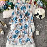 2021 vintage floral print chiffon dress spring summer midi long party women slimming bottomingdress flower dress