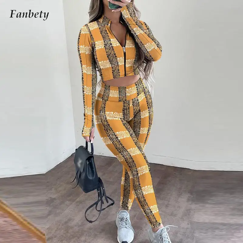 

Весенний облегающий комплект из двух предметов 2022, Модный женский костюм в клетку с принтом, Повседневная Блузка с воротником-стойкой и брю...