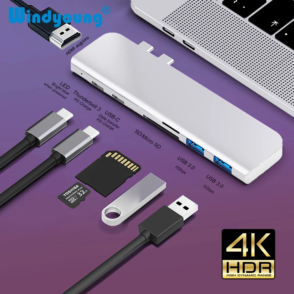 

USB Type C Hub Adapter 7 in 1 Dual USB Type C Dock for MacBook Pro/Air 2018 - 2020 with 4K HDMI USB C USB 3.0 SD/TF Card Reader