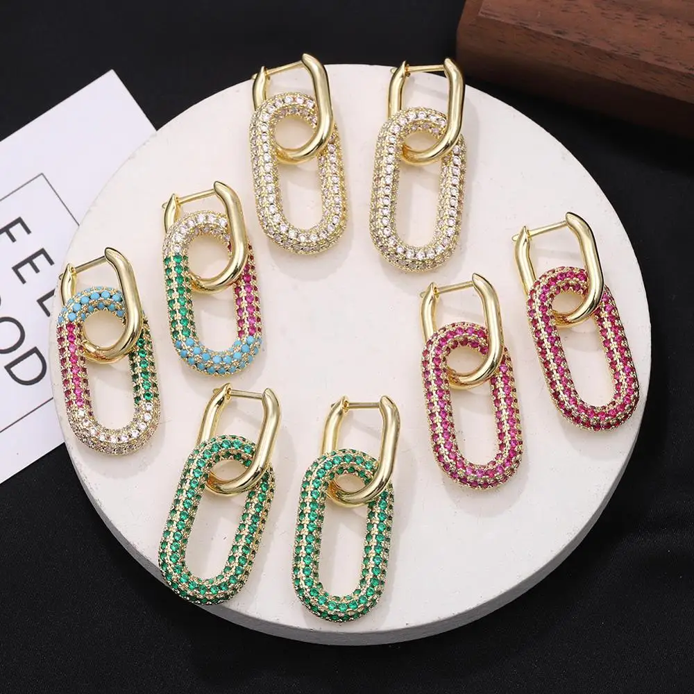 

Dvacaman 2020 новые модные геометрические Двойные Кольца Серьги с замком для женщин дизайнерские медные серьги-капли с бриллиантами в стиле хип-х...