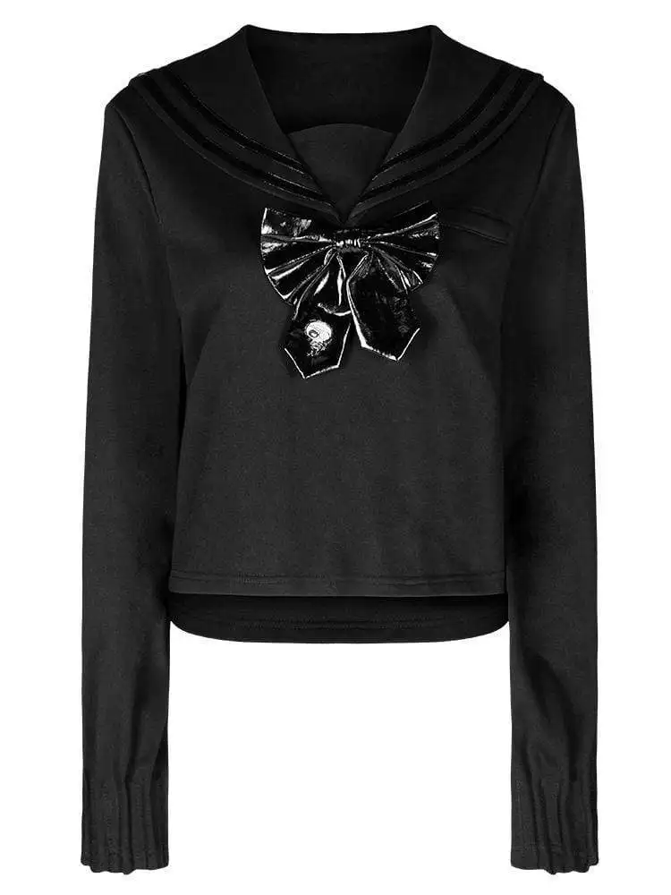 Панк рейв женская с длинными рукавами матросский воротник PU бантом Толстовка PT