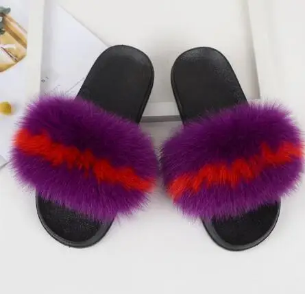 Color matching J Женские модные шлепанцы из натурального меха енота; женские шлепанцы; Летние вьетнамки; унисекс; повседневные Модные босоножки с лисьим мехом; модная плюшевая обувь - Цвет: Color matching J