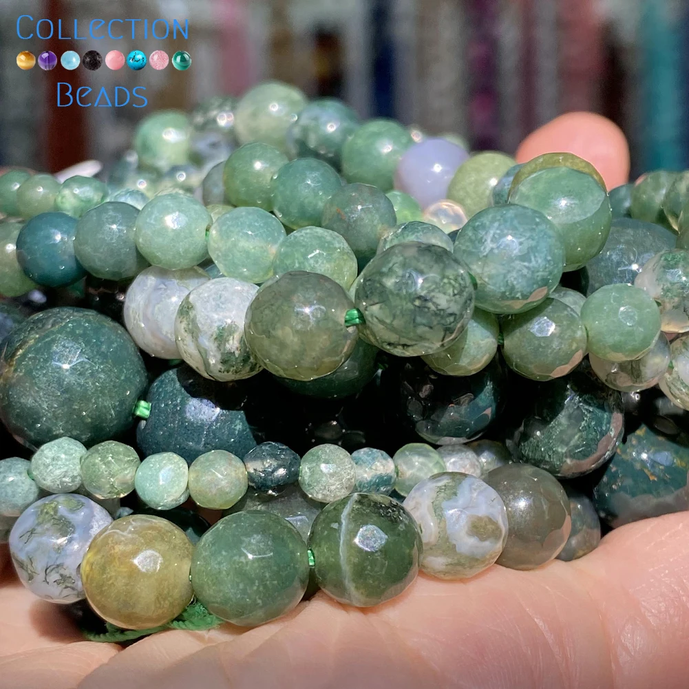 

Natural Faceted Moss Agates Stone Loose Round Bead For Jewelry Making 4-12 MM DIY Bracelets Accessories Wholesale 15"