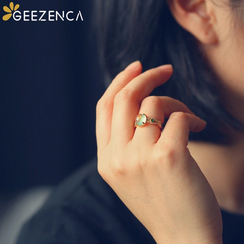 

Vintage 925 Sterling Silver Gold Plated Prehnite Gemstone Women's Ring Luxury Trendy Natural Stone Rings Fine Jewelry Engagement