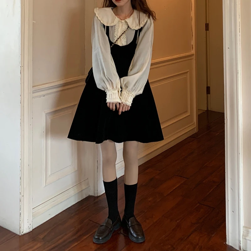 

KUSAHIKI Spring 2021 New 2pieces Outfits Peter Pan Collar Sweet Blouse Shirt + High Waist A-line Sling Dress Korean Sets 6E859