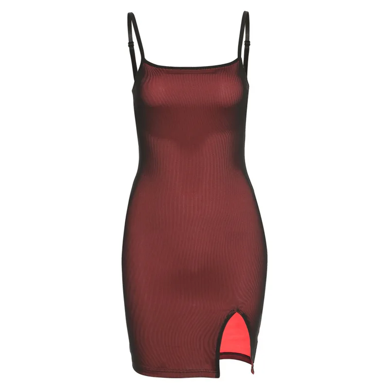 

Mesh Double Layer Sexy Skinny Slip Dress Women Sleeveless Party Bodycon 2021 Bandage Elastic Split Trend Clubwear Slim Outfit