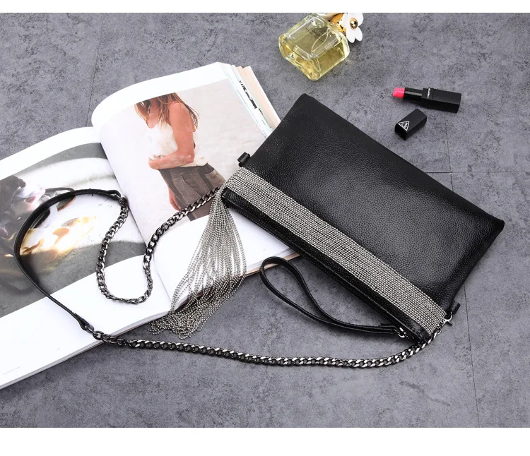 

Luxury Genuine Leather Purses Clutch Bag Tassel Cross Body Bags for Women 2020 New Evening Bags Black Female Shoulder Party Bags