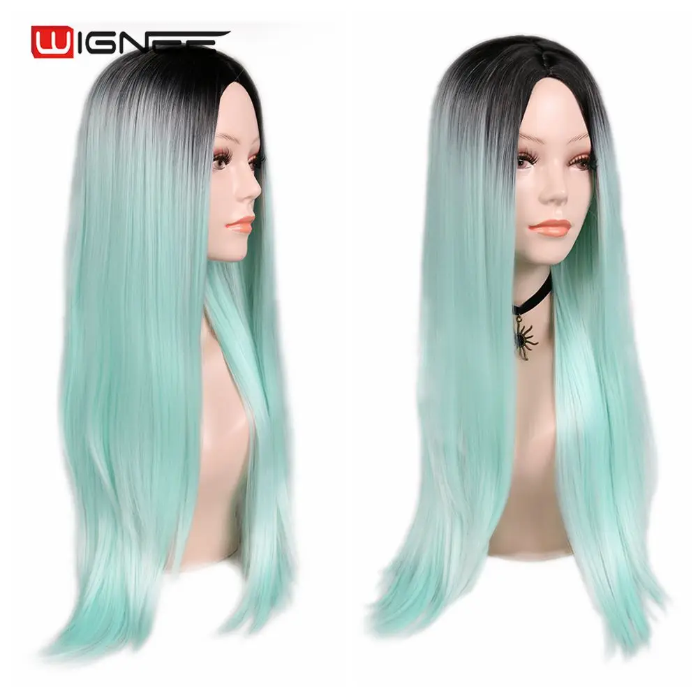 Wignee длинные прямые волосы синтетический парик Средняя часть Омбре зеленый
