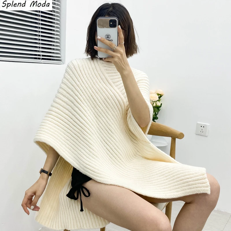

Splend Moda Autumn Fashion Vintage Elegant Solid Color Asymmetric Shawl Knit Batwing Sleeve Loose Casual Sweater Pullover Women