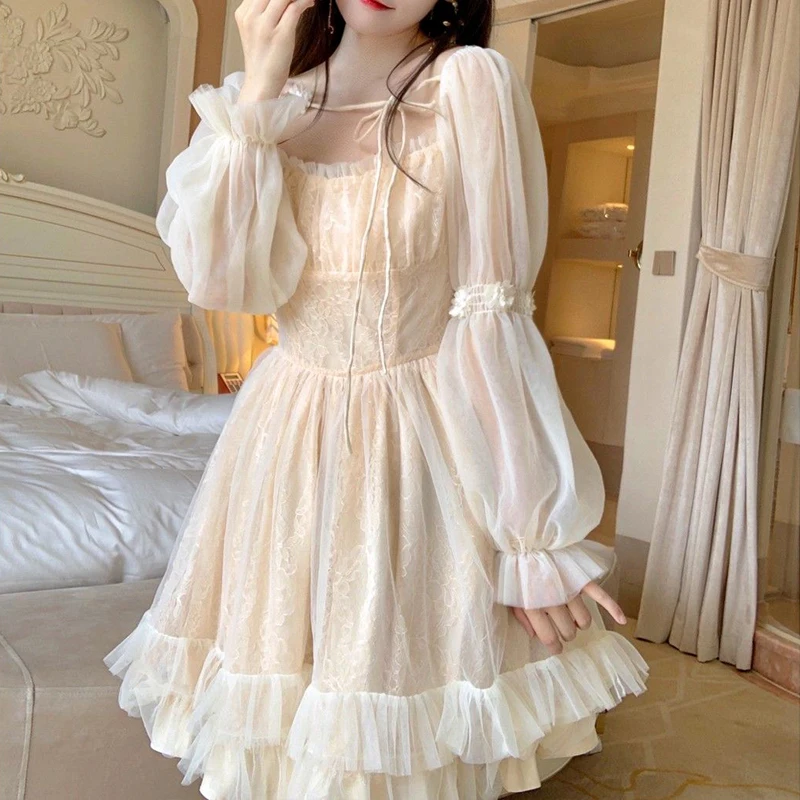 

Милое женское платье в стиле "Лолита", повседневное винтажное мини-платье с длинным рукавом Y2k, женское цельнокроеное платье в японском стил...