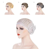 traditional headscarf cap soft texture breathable big flower hot drilling sleep beanie wrapped head hat sleep beanie