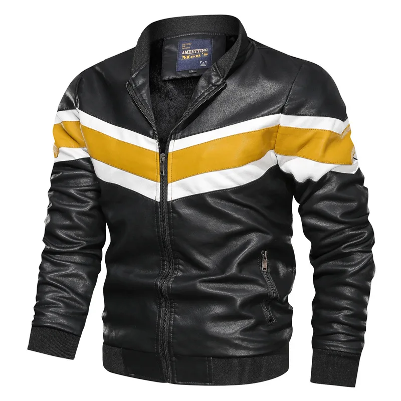 

2019 New Fashion Men's Jackets High Quality Casual Lether Jacket Men Patchwork Slim Fit Stand Collor Lether Jacket Men