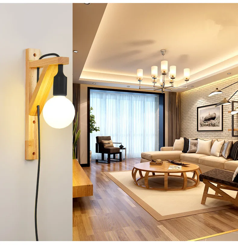Cable Bulb Wood Stairs Aisle Wall Light Bedside Sconce Lamp Fixture Luminaire Applique Lights For Home | Лампы и освещение