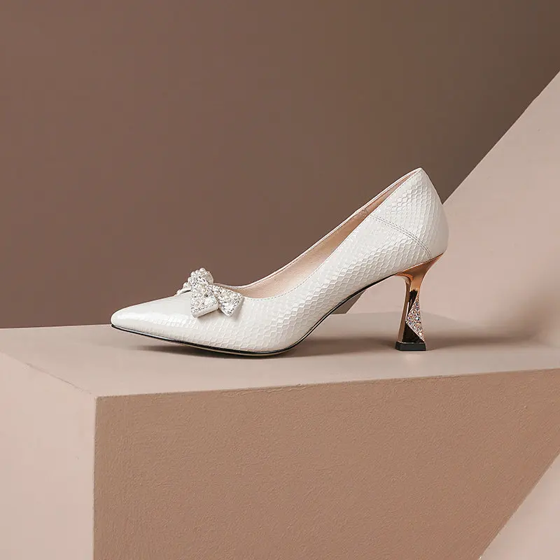 

Women Genuine Leather High Heels Pumps Slip On Spring Summer Party Wedding Shoes Woman pearl Basic Pumps size 41 42 43