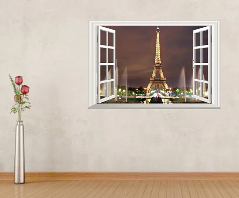 3D Window Paris Eiffel Tower Wall Sticker Art Decal DIY Mural Home Decor Night Wallpaper Eco-friendly | Дом и сад