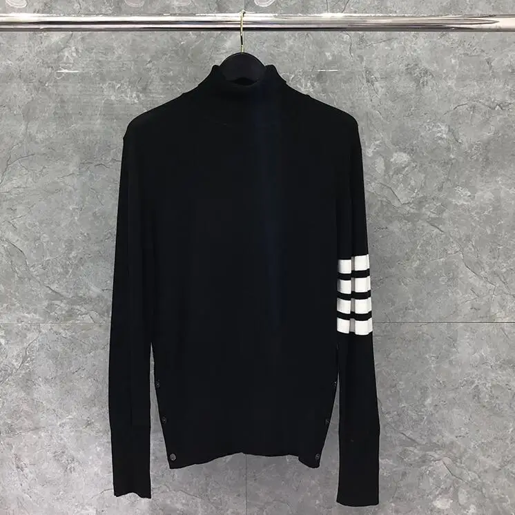 

Fashion TB 2021 THOM Brand Sweaters Black Men Slim Turtleneck Pullovers Clothing Striped Wool Spring and Autumn Casual Coat