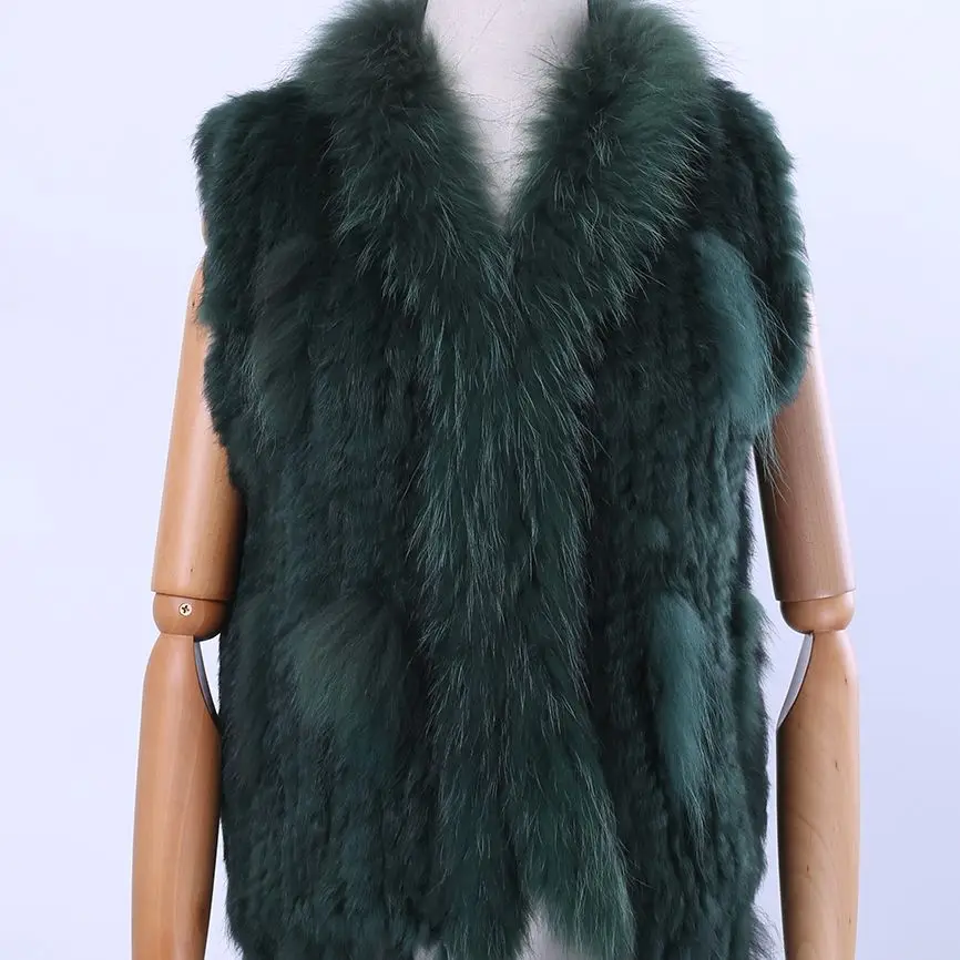 

2020 New Women's Lady Genuine Real Knitted Rabbit Fur Vests tassels Raccoon Fur Trimming Collar Waistcoat Fur Sleeveless Gilet