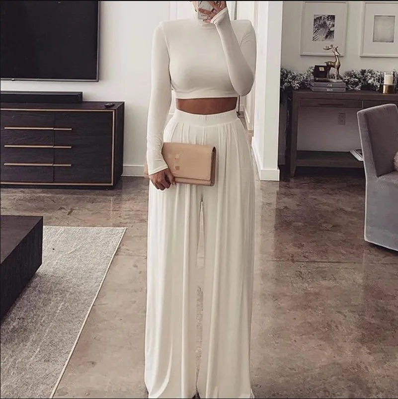 

Женский комплект из двух предметов, укороченный топ с длинным рукавом и прямые широкие штаны, весна-осень, 2021