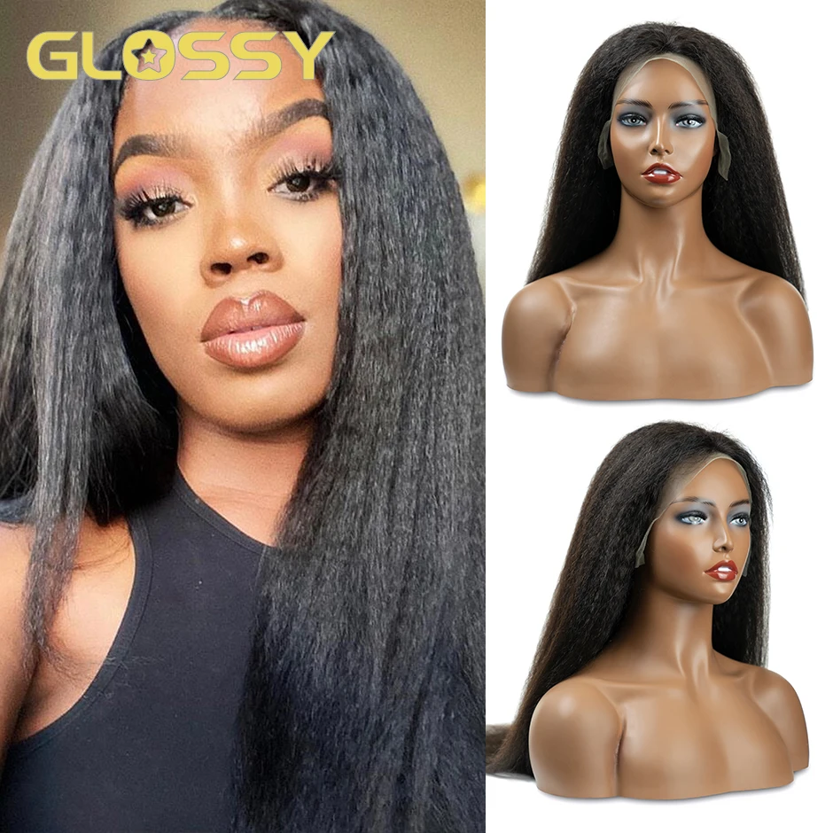 

GLOSSY T Part Lace Frontal Wig Kinky Straight Lace Front Human Hair Wigs Natural Black Tpart 13x1 HD Lace 250 Density Lace Wig