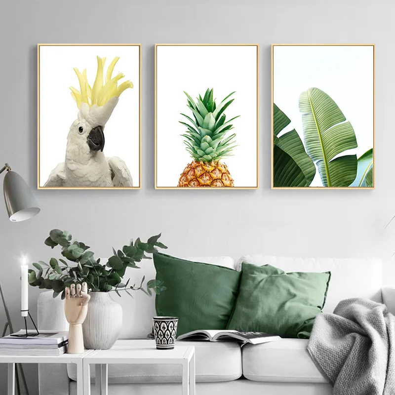 

INS Style Green Mural Modern Plants Monstera Leaves Decorative Painting Fruit Pineapple Parrot Bird Canvas Art Posters and Paint