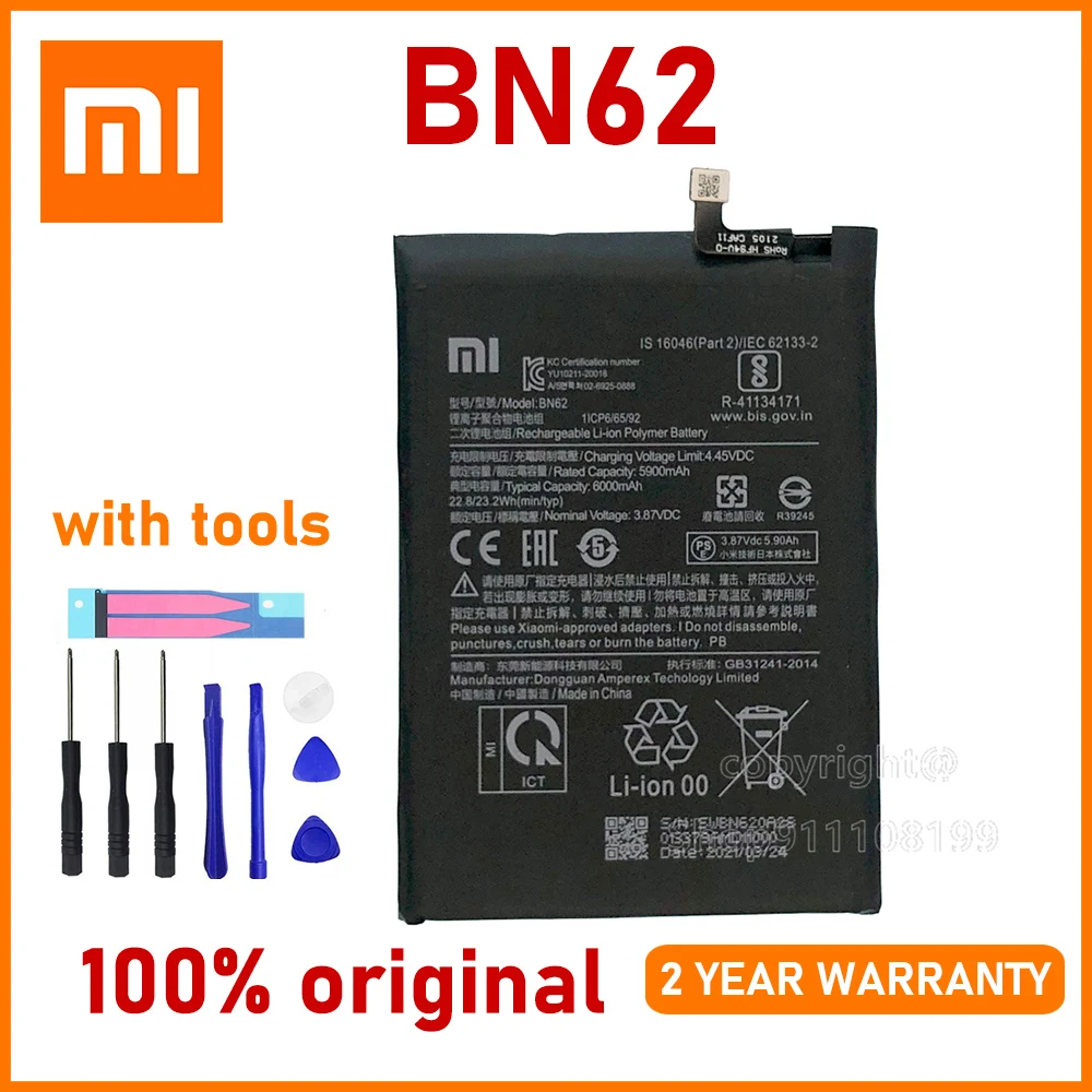 

Xiao Mi Original 6000mAh BN62 Phone Battery For Xiaomi Redmi Note9 4G High quality Batteries With Tools+Tracking number