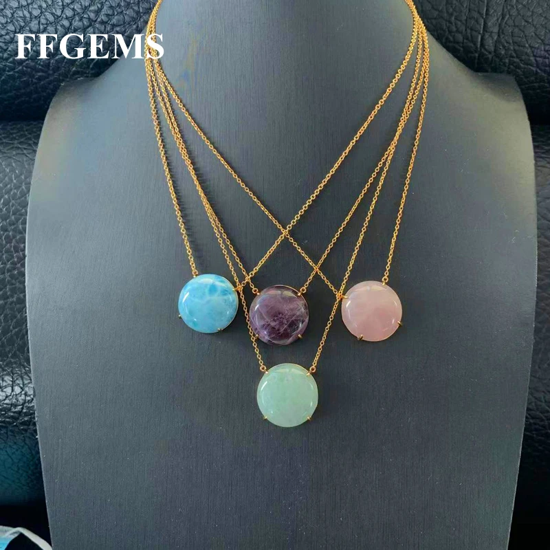

FFGems Natural Big Round Gemstone 20mm Pendant Necklace Simple Yellow Gold Rose Larimar Women Fine Jewelry Party Wedding Gift