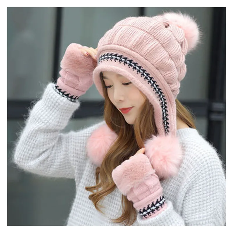 Зимние женские шляпы из кроличьего меха перчатки шарф наборы сохраняющие тепло