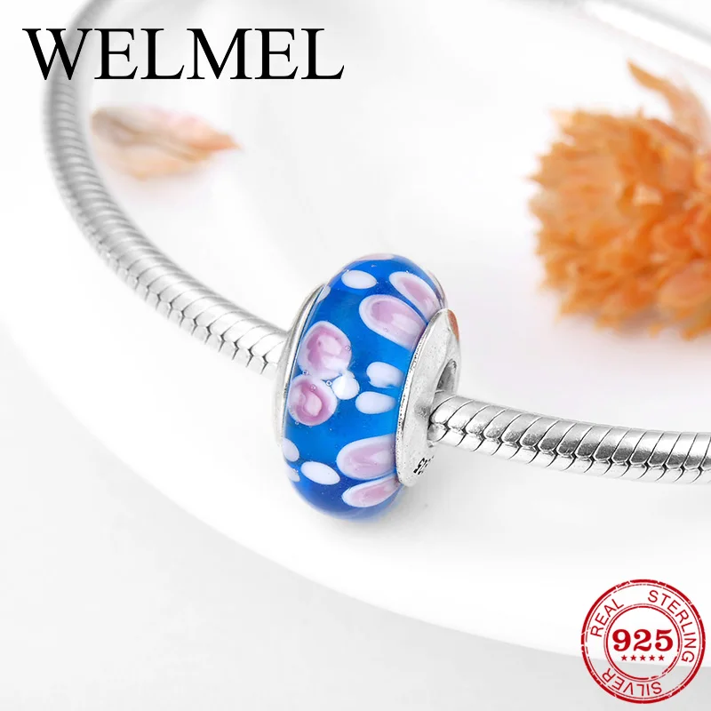 Стерлинговое Серебро 925 пробы цвет розовый/синий цветок европейские стеклянные